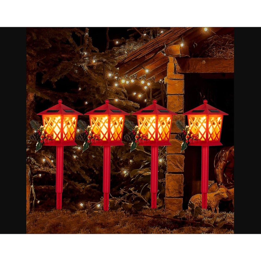 Set Of 4 Solar-Powered Red Christmas Pathway Lights With Festive Holly & Berry A